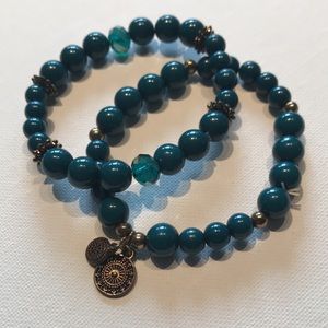 Teal and Gold Bead Bracelet 2-set with dangle charms
